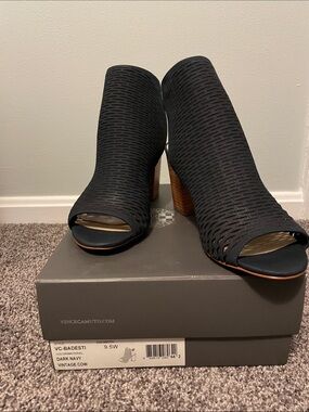 Vince Camuto Dark Navy Woven Open-Toe Block Heel Booties